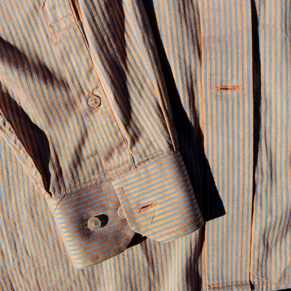 Tommy Hilfiger 80's Two-Ply Cotton Orange/Grey-Blue Striped Button-Down Shirt - Picture 8 of 11